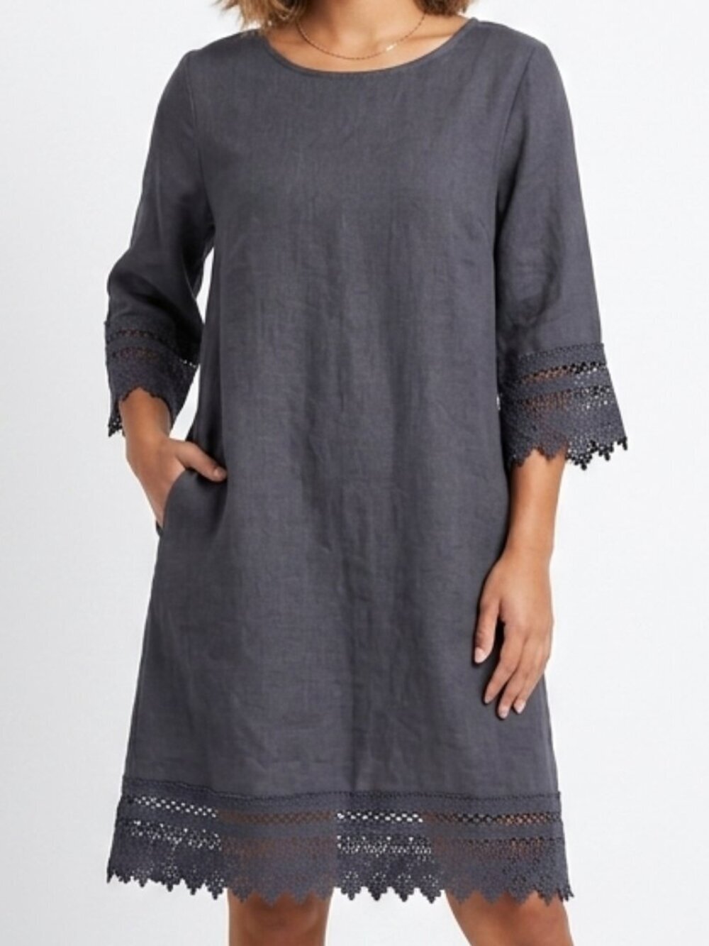 ROSEMARINE 100% Italian Linen 3/4 Sleeve Crochet Dress Blue Gray Small